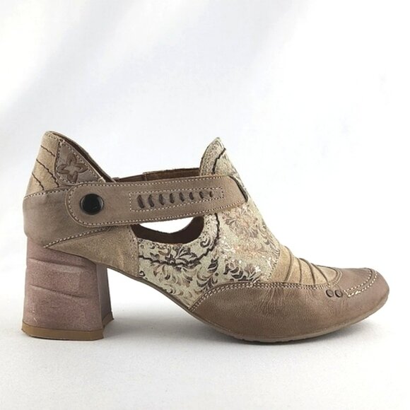 Maciejka Women's Leather Heeled Taupe Cream Floral Print Shoes Block Heel Sz 37 - Picture 1 of 16